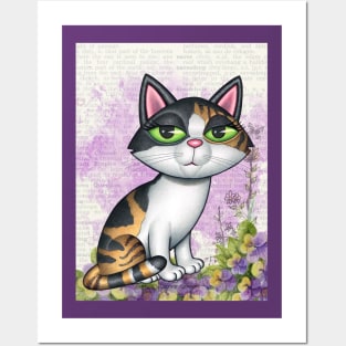 Cute Calico Kitty with purple and yellow flowers Posters and Art